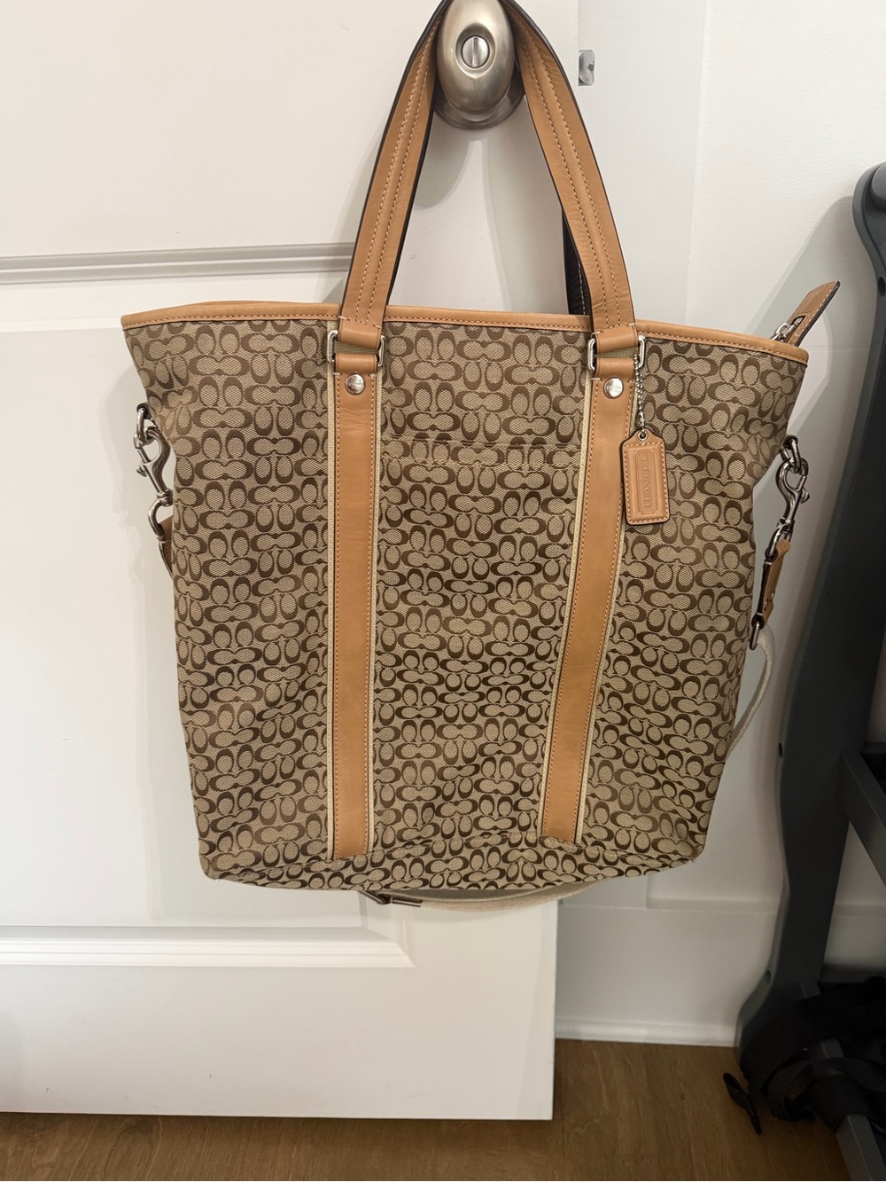Coach Tan Signature Canvas Tote with Leather Trim